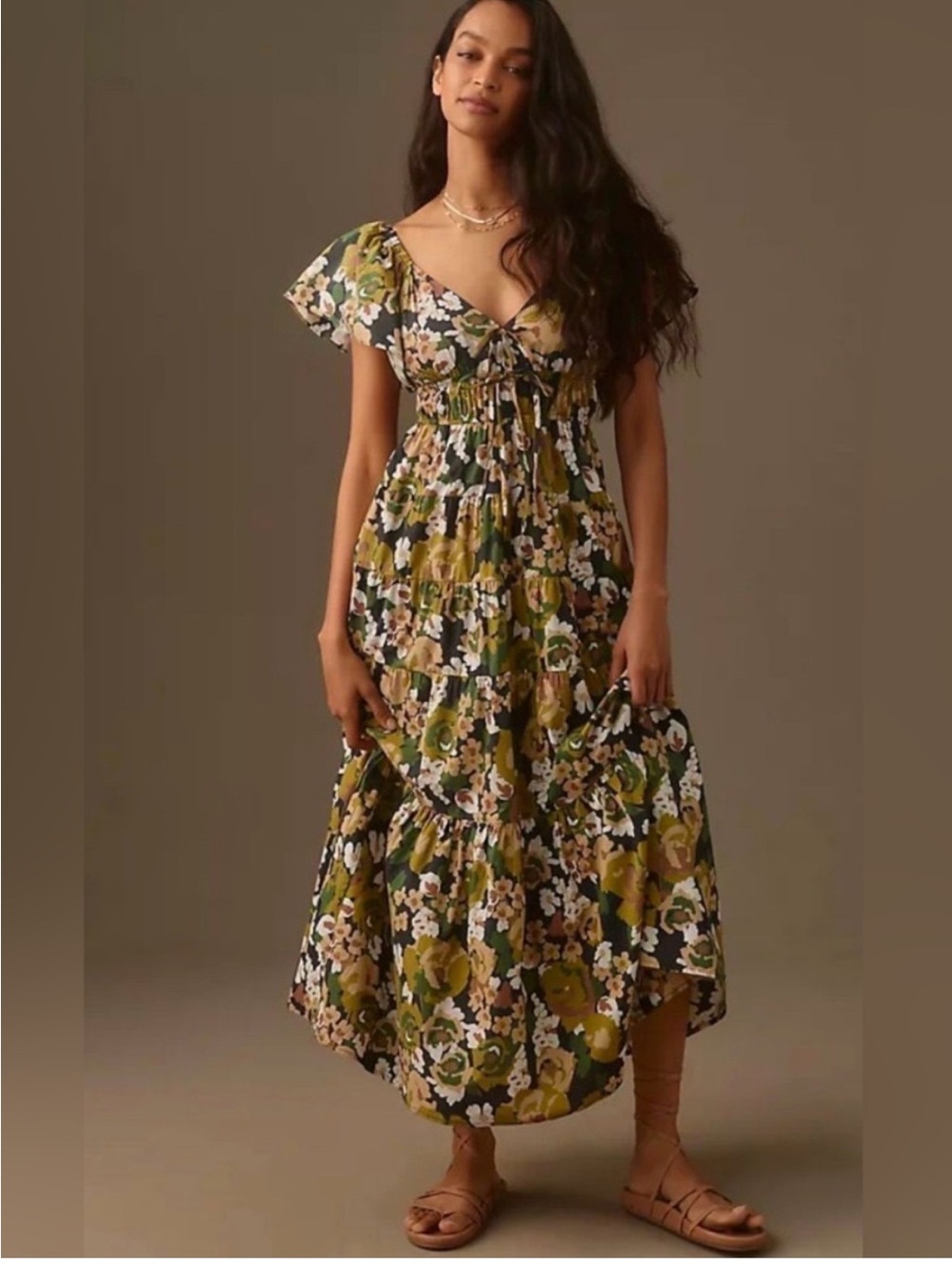 Moon River Olive Green Brown Cream Floral Maxi Dress M Flutter Sleeve